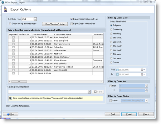 Export opions, filters