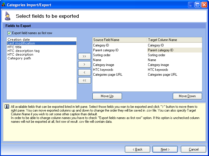 export categories oscommerce